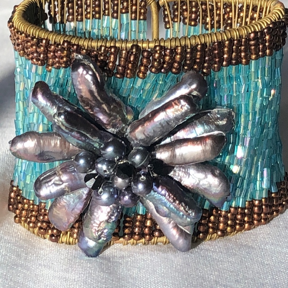 Unique Artisan made Cuff Bracelet with Natural Stones - Adjustable size